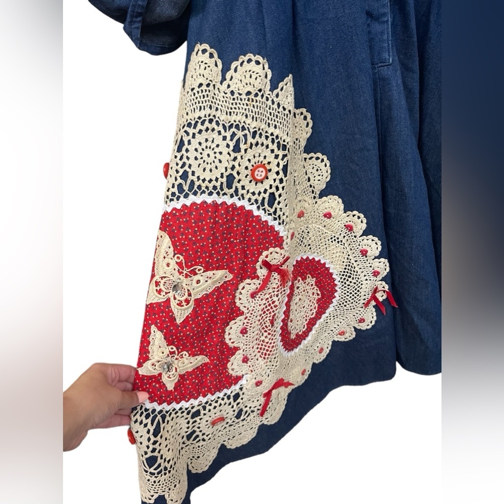 VNTG Women's Size 14 Midi Cotton Denim Dress Lace Embellishment Cottagecore - Picture 3 of 8